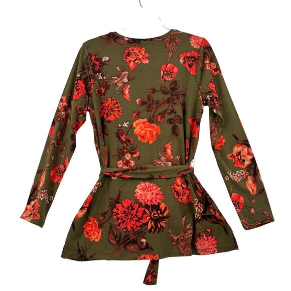 Denim & Co Tunic Size S Olive Green Floral Print Jersey Round Neck Tie Waist - Picture 5 of 9